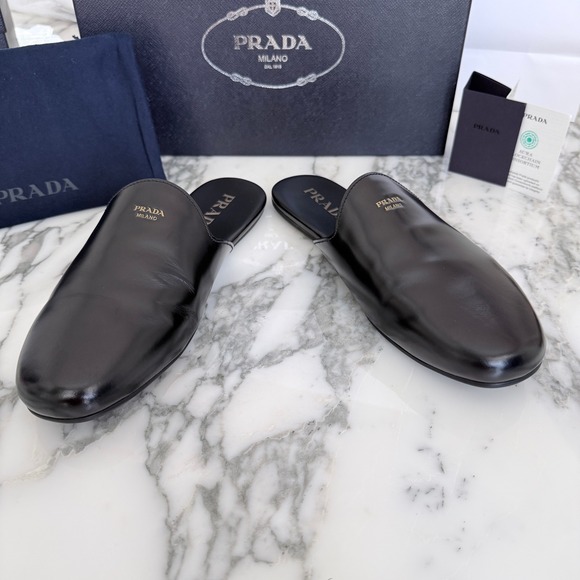 Prada Milano Black Leather Mule Slides Gold Logo Slip On Flat Shoes Mens UK6.5 main image 12